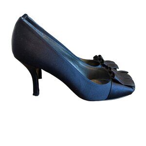Stuart Weitzman Navy Gigiritz Open Toe Pumps Heels Sandals Satin Ruffle Size 8.5